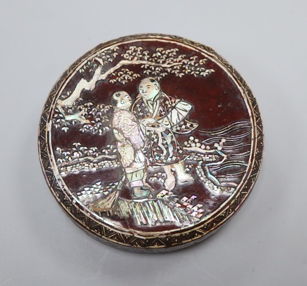 A Japanese mother of pearl inlaid lacquer box and cover